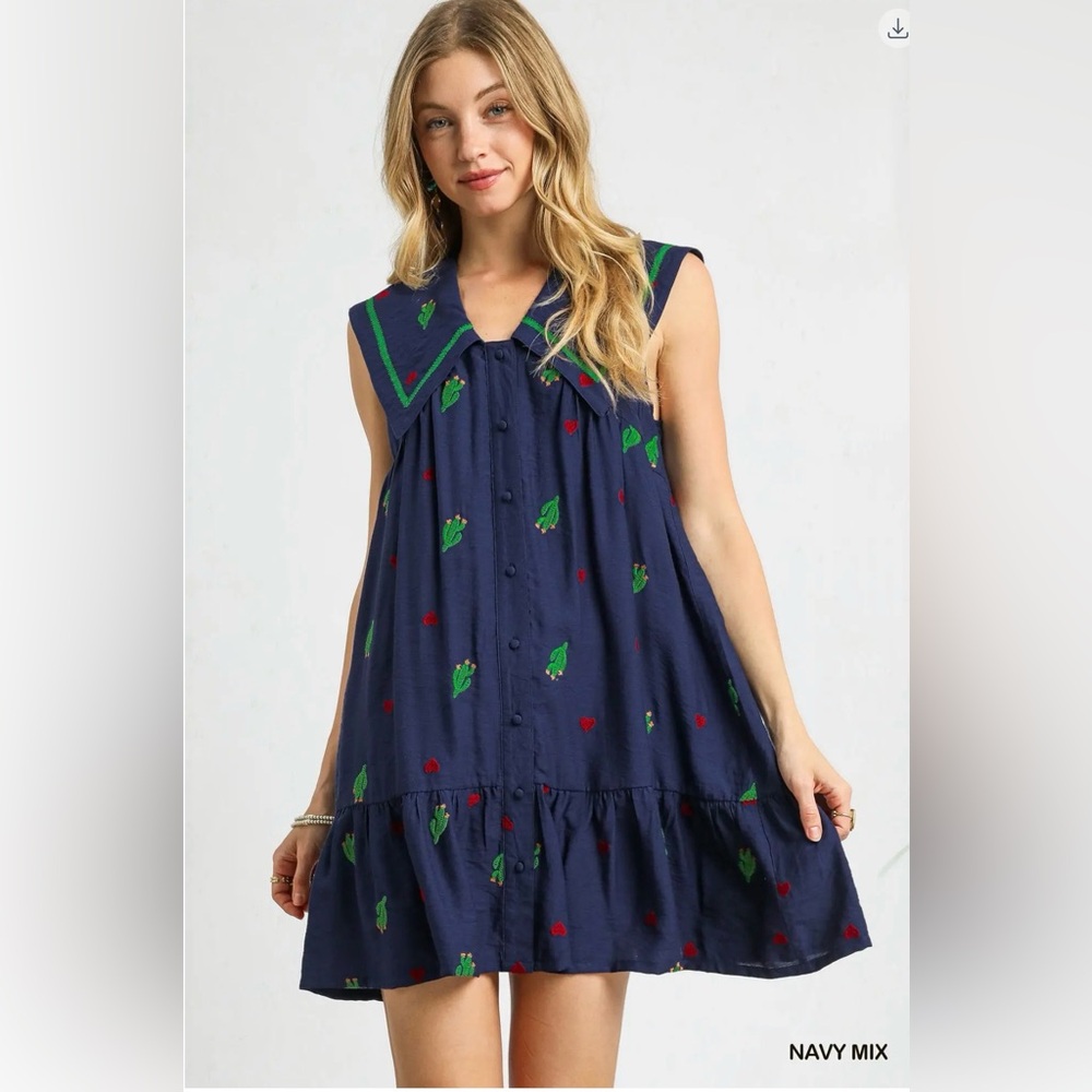 Umgee Navy Sleeveless Embroidered Sundress with Green & Red Accents
